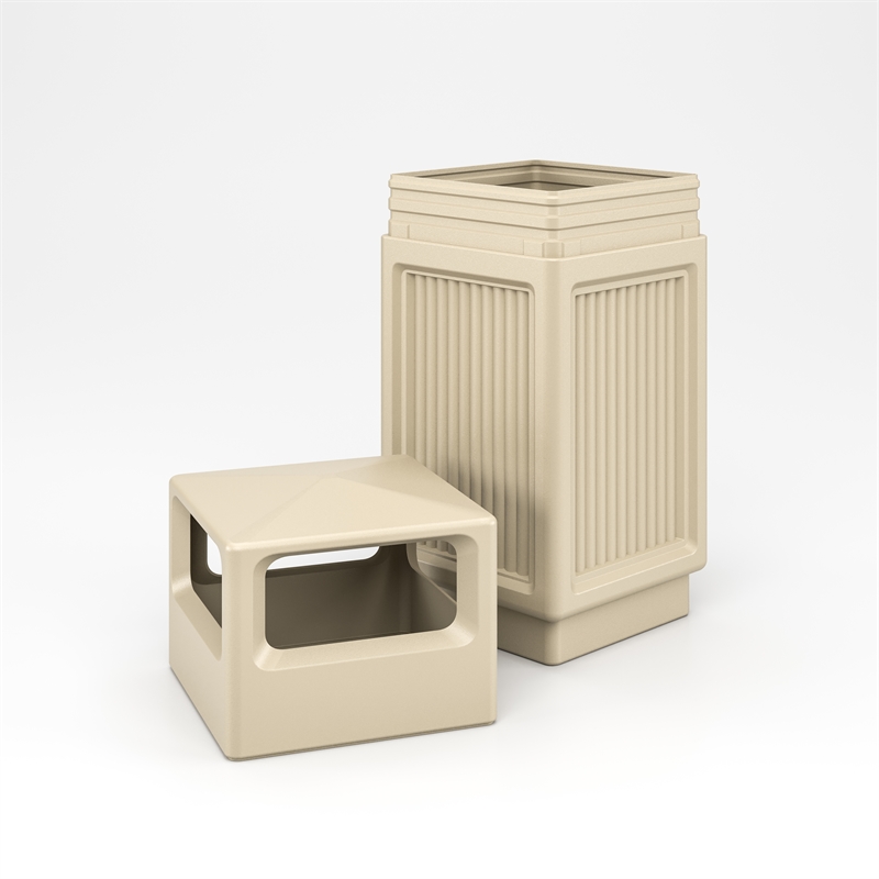 Safco Indoor/Outdoor Plastic Trash Cans with Recessed Panel Receptacles in Tan
