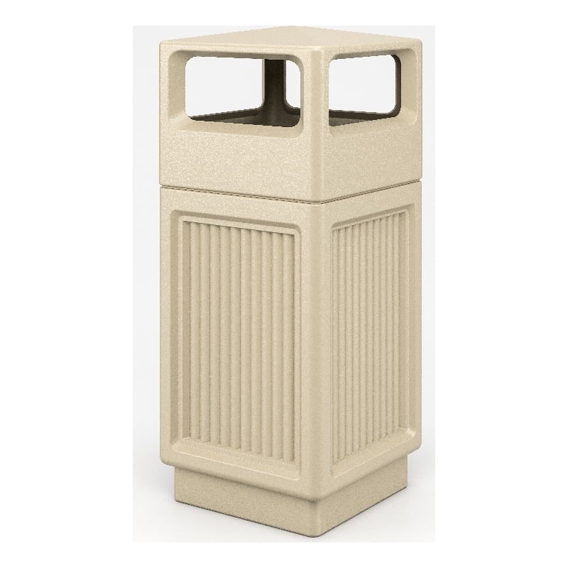 Safco Indoor/Outdoor Plastic Trash Cans with Recessed Panel Receptacles in Tan