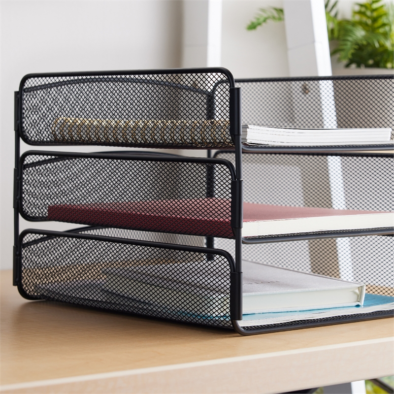 Safco Onyx Triple Tray Steel Metal Organizer in Black Finish