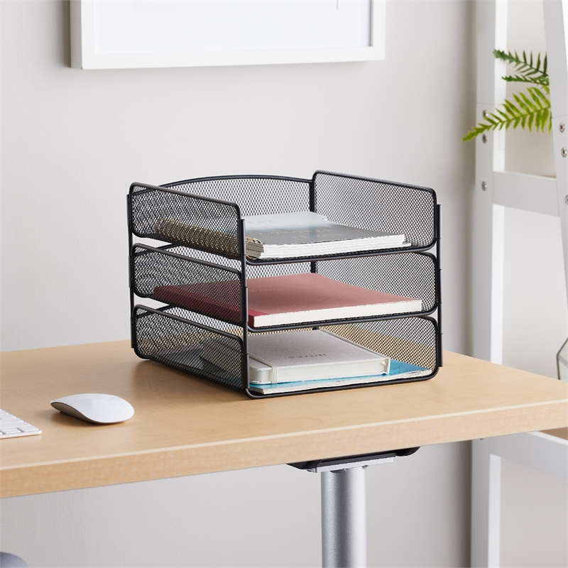 Safco Onyx Triple Tray Steel Metal Organizer in Black Finish