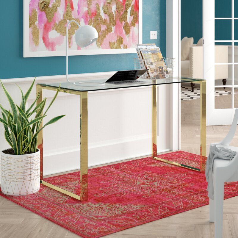 Uptown Club Ivy Transitional Glass Top Writing Desk in Gold