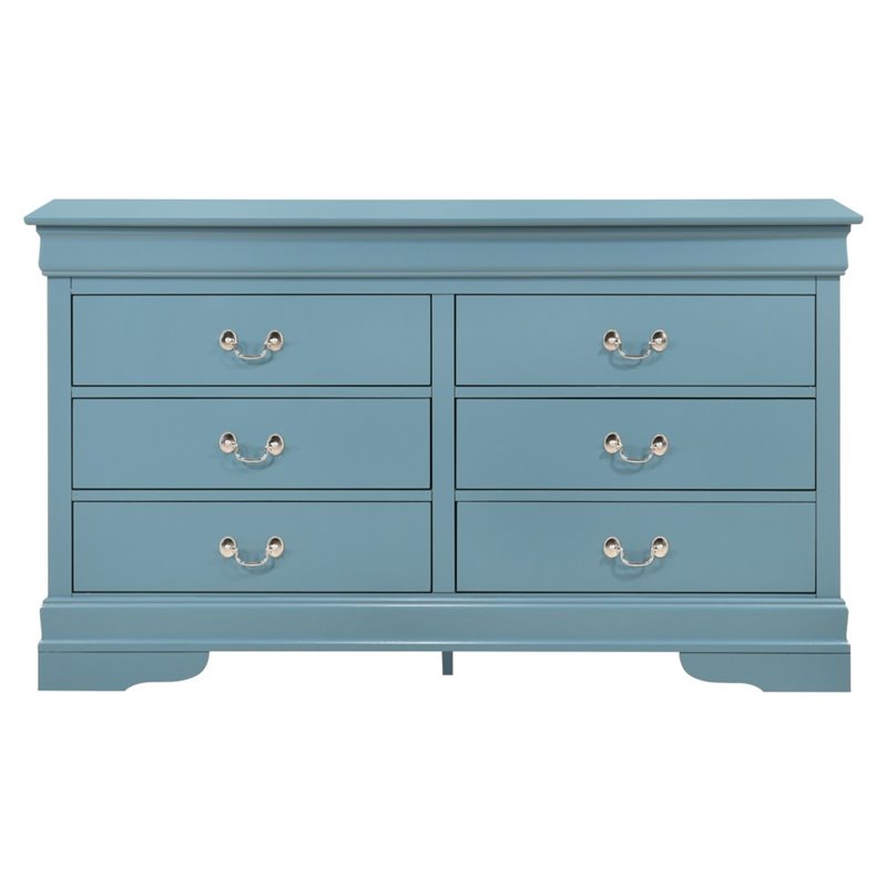 Glory Furniture Louis Phillipe 6 Drawer Dresser in Teal