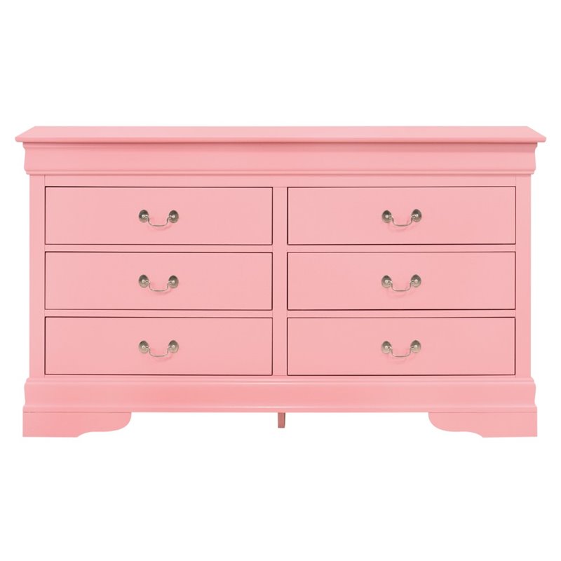 Glory Furniture Louis Phillipe 6 Drawer Dresser in Pink