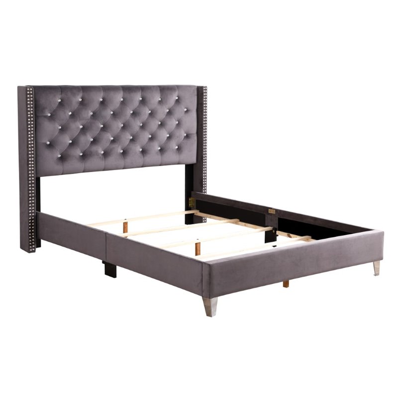 Glory Furniture Julie Velvet Upholstered Queen Bed in Gray