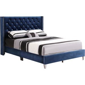Glory Furniture Julie Velvet Upholstered Queen Bed in Navy Blue