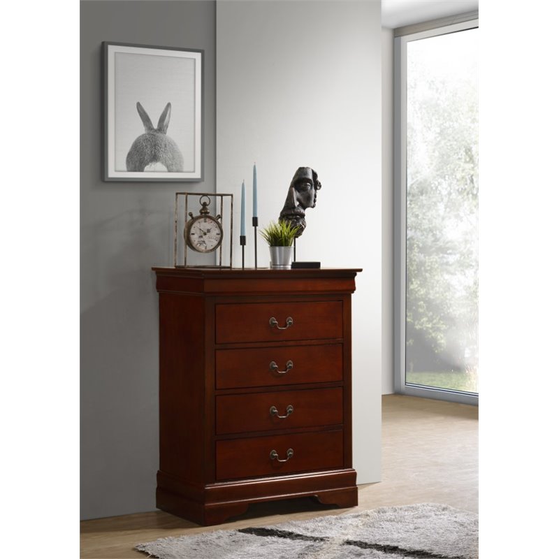 Glory Furniture Louis Phillipe Wood Veneer 4-Drawer Bedroom Chest in Cherry