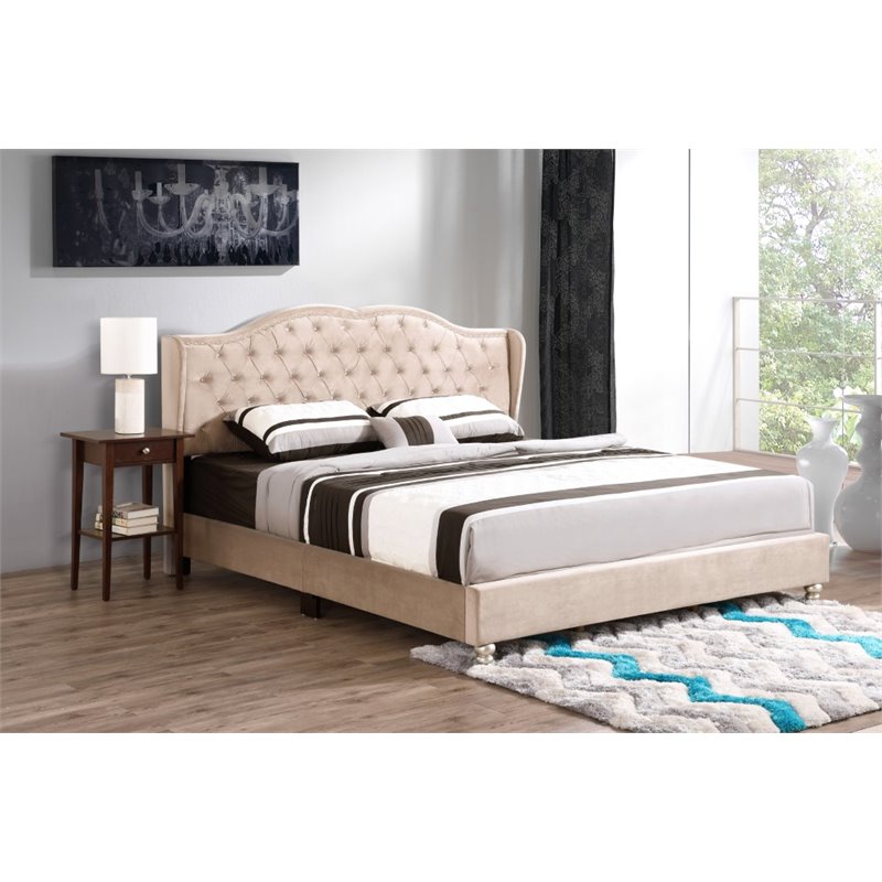 Glory Furniture Joy Velvet Upholstered King Bed in Beige