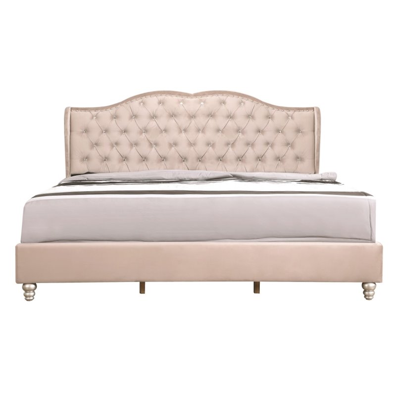 Glory Furniture Joy Velvet Upholstered King Bed in Beige