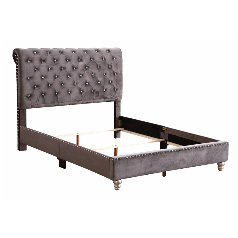 Glory Furniture Maxx Velvet Upholstered Queen Bed in Gray