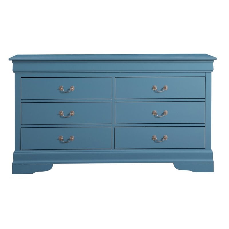 Glory Furniture Louis Phillipe 6 Drawer Dresser in Teal