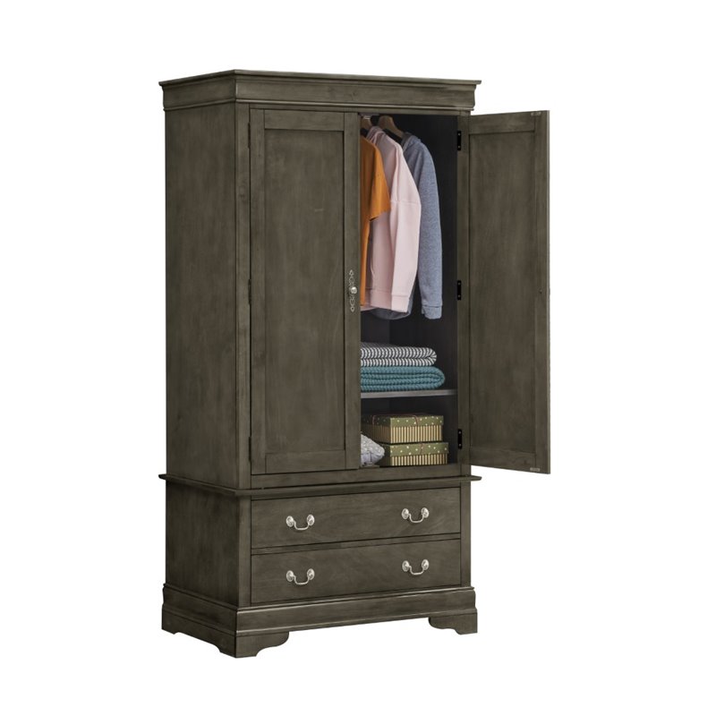 Glory Furniture Louis Phillipe 2 Drawers Bedroom Armoire in Gray