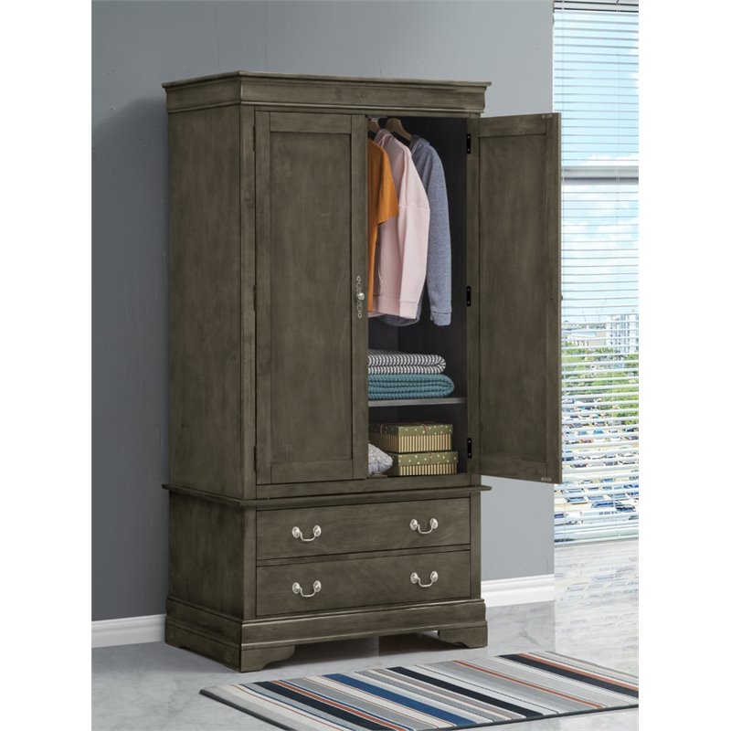 Glory Furniture Louis Phillipe 2 Drawers Bedroom Armoire in Gray