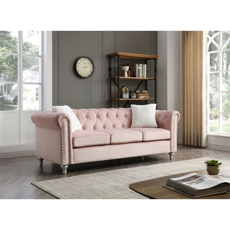 Glory Furniture Raisa Velvet Upholstered Sofa in Pink