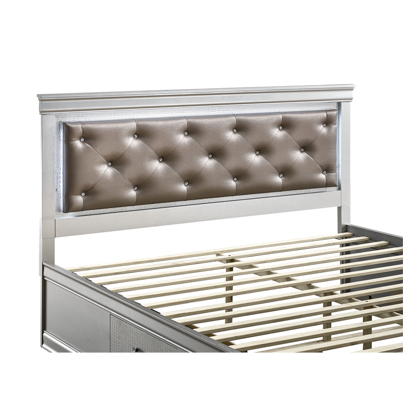 Glory Furniture Lorana Faux Leather Queen Storage Bed in Silver Champagne