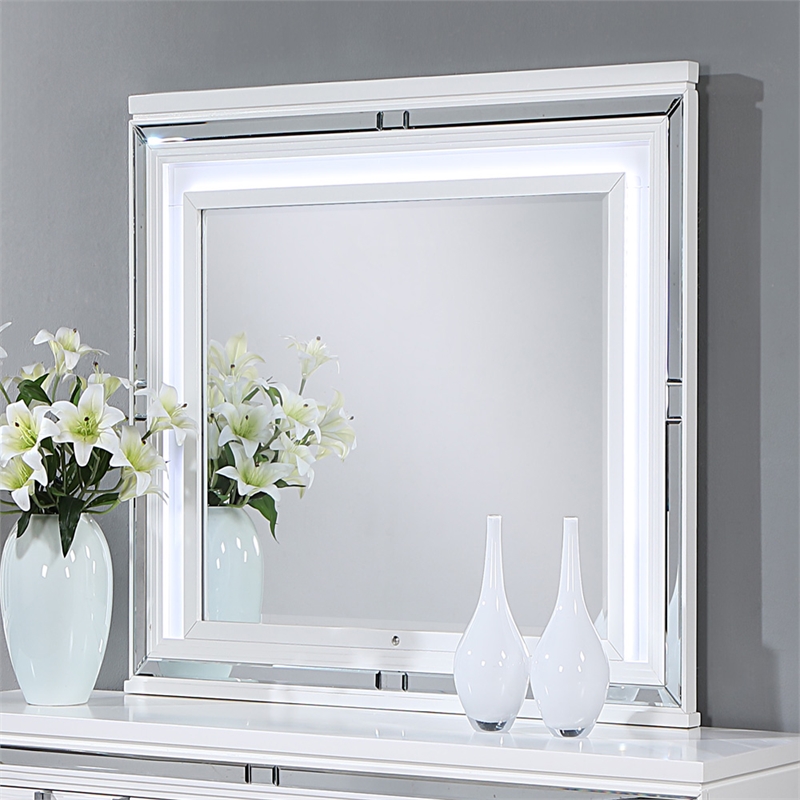Glory Furniture Genoa Bedroom Mirror with Mirror Trim Strips in Sparkling White