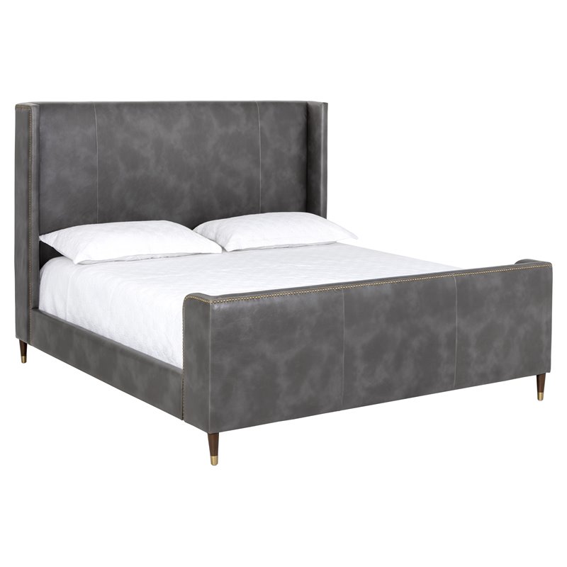 Sunpan Chianti Modern Faux Leather and Solid Birch Wood King Bed in Gray/Brown
