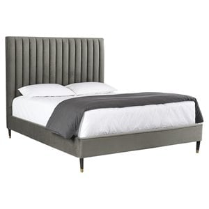 Sunpan Yosi Modern Fabric King Bed with Brown Birch Wood Legs in Gray