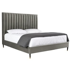 Sunpan Yosi Modern Fabric Queen Bed with Brown Birch Wood Legs in Gray