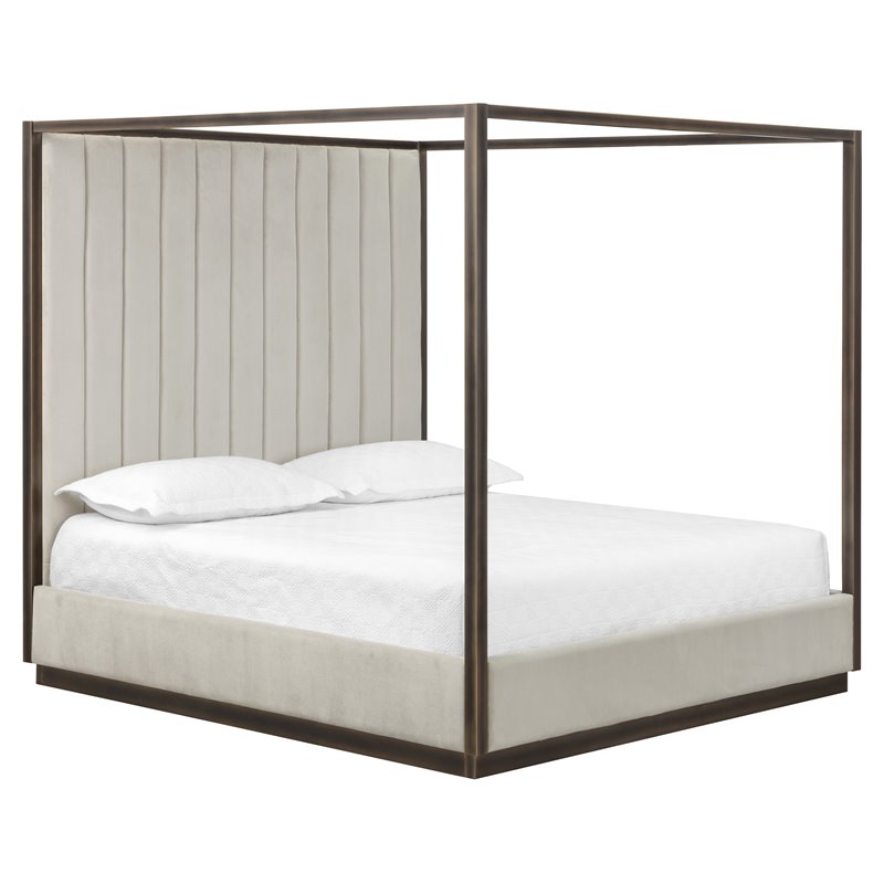 Sunpan Casette Modern Fabric and Iron King Bed in Cream/Rustic Bronze