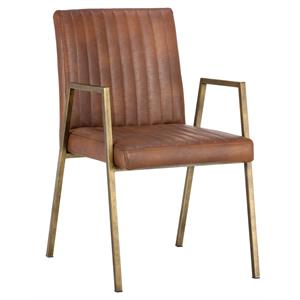 Sunpan Homer 18.5&quot Modern Faux Leather Dining Armchair in Brown/Antique Brass