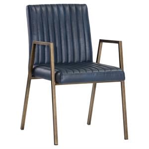 Sunpan Homer 18.5&quot Modern Faux Leather Dining Armchair in Blue/Antique Brass