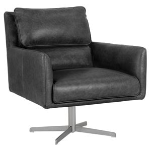 Sunpan Easton 16&quot Contemporary Leather Swivel Lounge Chair in Marseille Black
