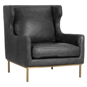 Sunpan Virgil 16.5&quot Transitional Leather Lounge Chair in Marseille Black/Brass