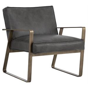 Sunpan Kristoffer 17&quot Modern Leather and Iron Lounge Chair in Vintage Steel Gray
