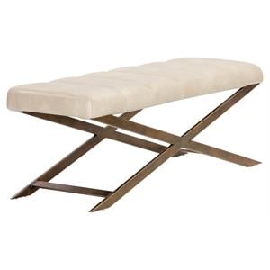 Sunpan Kammi 47&quot Modern Faux Leather Bench in Bravo Cream/Antique Brass