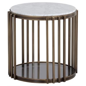 Sunpan Naxos 22.5&quot Round Modern Marble End Table in White/Rustic Bronze