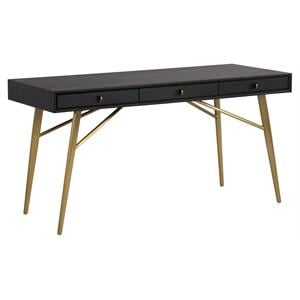 Sunpan Giana 59&quot Modern Wood Desk with Brass Steel Pulls and Legs in Smoked Gray