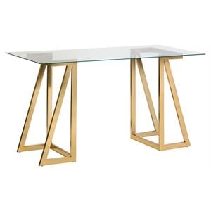 Sunpan Atkinson 55&quot Modern Metal Desk with Clear Tempered Glass Top in Gold