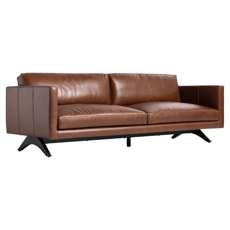 Sunpan Rogers Modern Leather Sofa with Black Wood Legs in Shalimar Tobacco