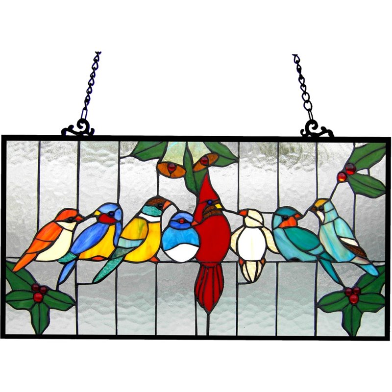 CHLOE Aves Tiffany-glass Gathering Birds Window Panel 24.5x12.5