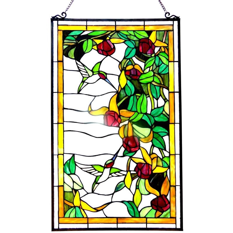 CHLOE Tiffany-glass Hummingbirds Design Window Panel 20x32