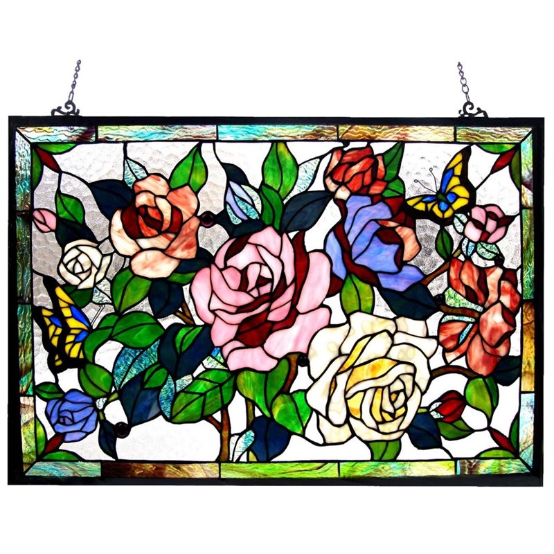 CHLOE Ruthie Tiffany-glass featuring Roses & Butterflies Window Panel 27x19