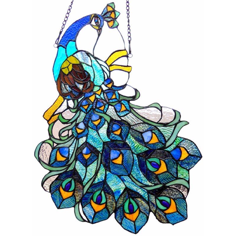 CHLOE Glory Tiffany-glass Peacock Window Panel 17x25