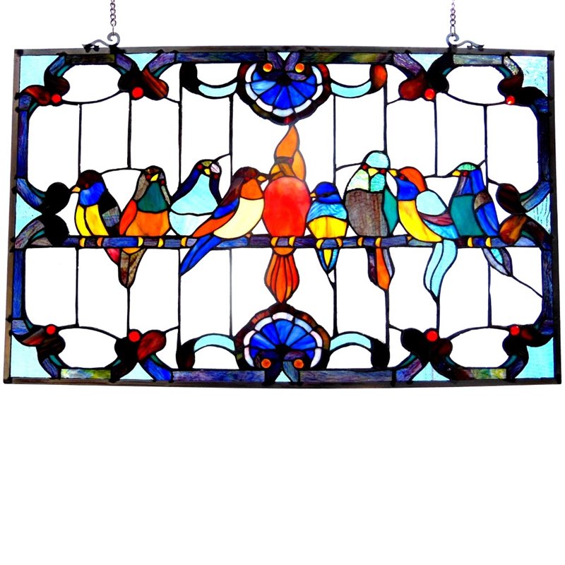 CHLOE Tiffany-glass featuring Gathering Birds Window Panel 32x20