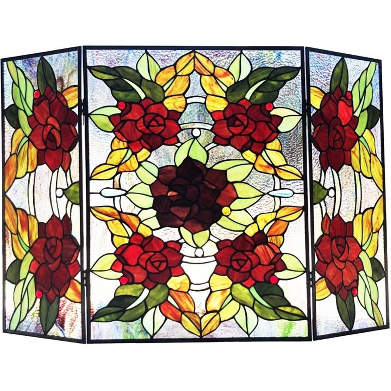 CHLOE Canna Tiffany 3pcs Folding Floral Stained Glass Fireplace Screen 40