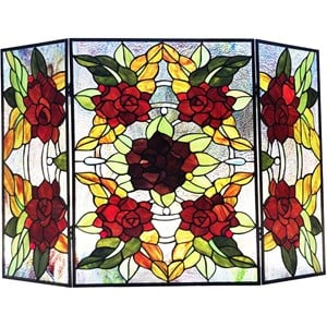 CHLOE Canna Tiffany 3pcs Folding Floral Stained Glass Fireplace Screen 40&quot Width