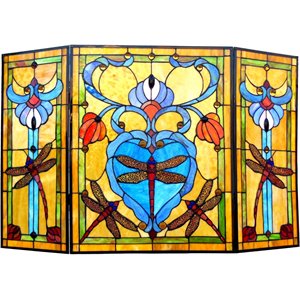CHLOE Zygo Tiffany-style 3pcs Folding Dragonfly Fireplace Screen 44&quot Wide