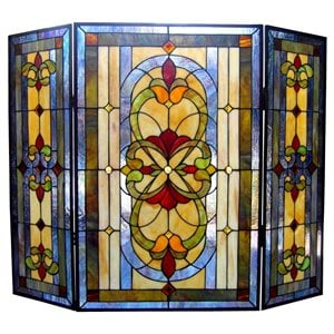 CHLOE Tiffany-glass 3pcs Folding Victorian Fireplace Screen 40&quot Wide
