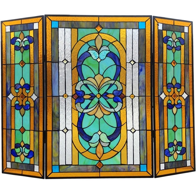 CHLOE Palace Tiffany Folding Victorian Stained Glass Fireplace Screen 40