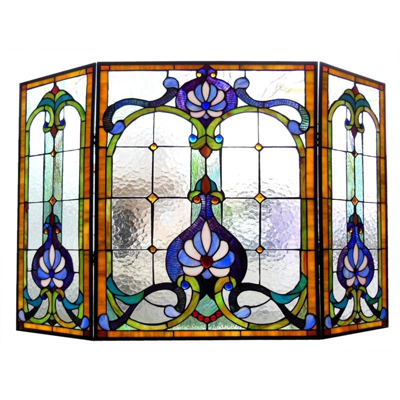 CHLOE Tiffany-glass 3pcs Folding Victorian Fireplace Screen 44