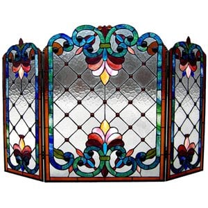 CHLOE Tiffany-glass 3pcs Folding Victorian Fireplace Screen 44&quot Wide