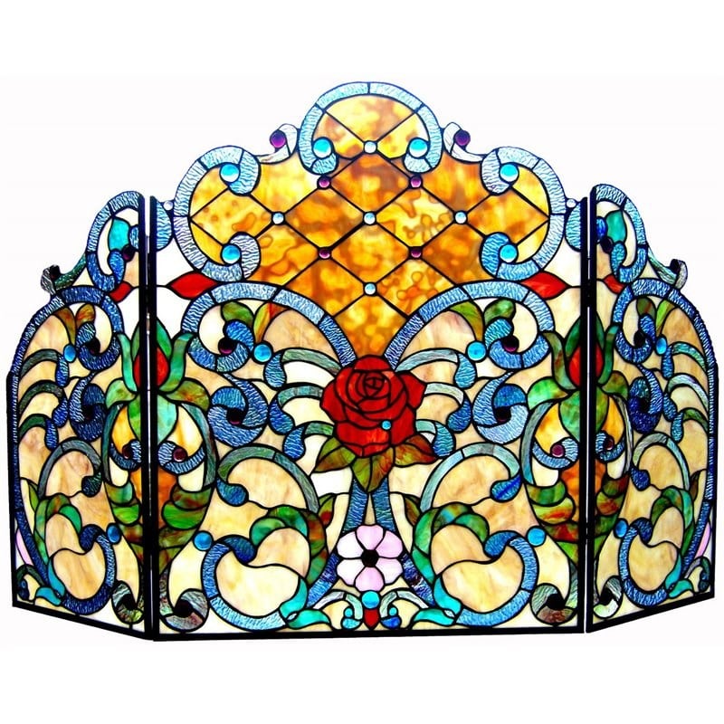 CHLOE Tiffany-glass 3pcs Folding Victorian Fireplace Screen 44
