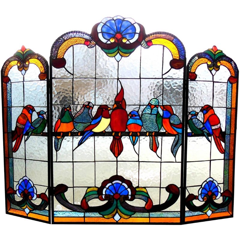 CHLOE Aves Tiffany-glass Gathering Birds Design Folding Fireplace Screen 40