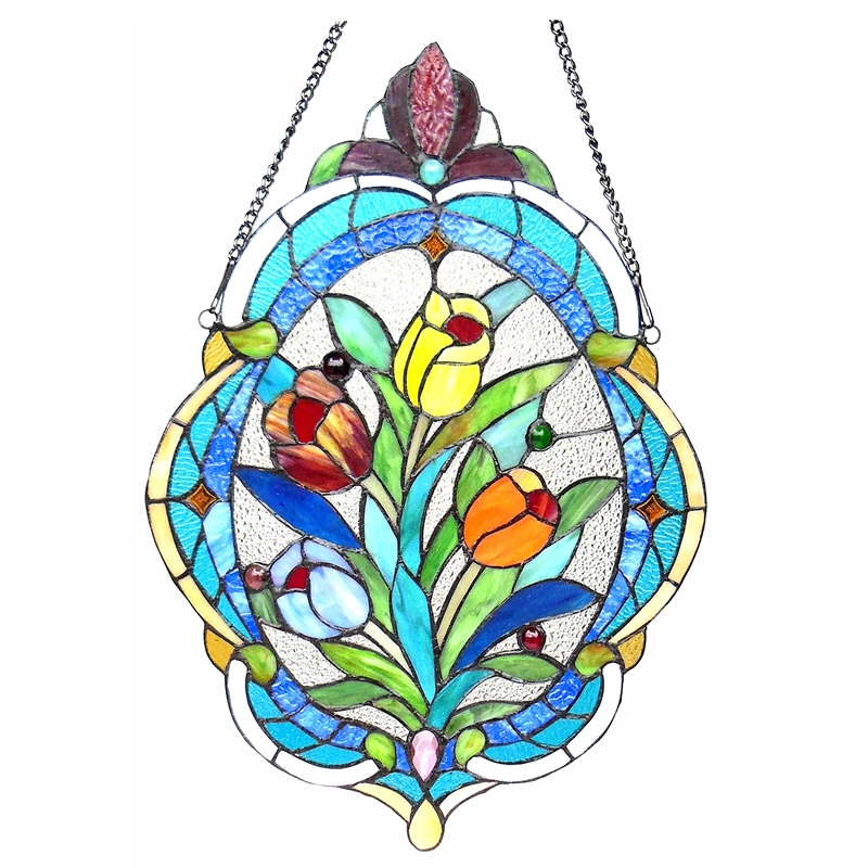 CHLOE Kelda Tiffany-glass Tulip Window Panel 15.5x22.5