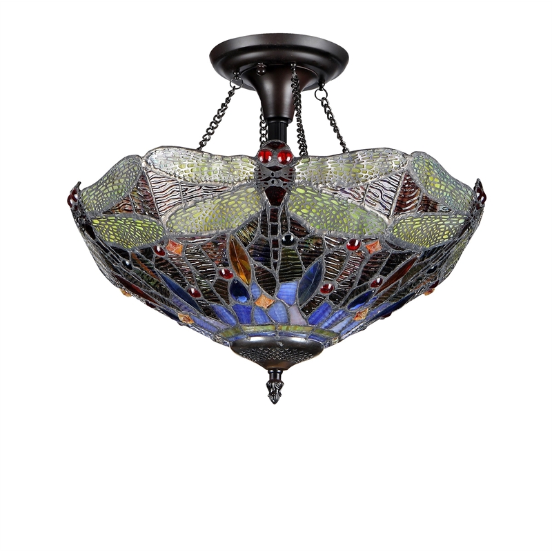 CHLOE Dragan Tiffany 2 Light Dragonfly Semi-flush Ceiling Fixture 16