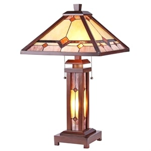CHLOE Kay Tiffany-style Mission 3 Light Double Lit Wooden Table Lamp 15&quot Shade